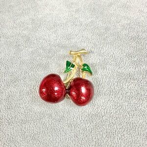 Vintage Two Red Cherry Enamel Gold Tone Brooch